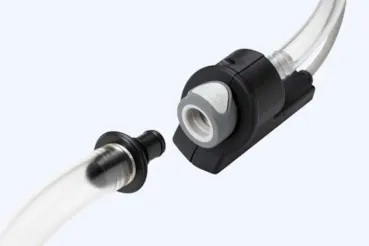 The IdentiQuik® Series RFID-enabled connector’s body (right) houses an RFID reader while the insert (left) contains an RFID tag, which together transfer useful data in IVD processes.